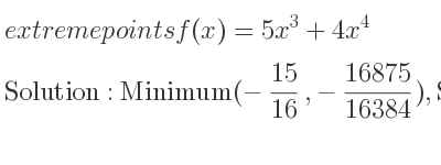 The extreme points of f(x)=5x^3+4x^4 are Minimum(-15/16 ,-16875/16384),Saddle(0,0)